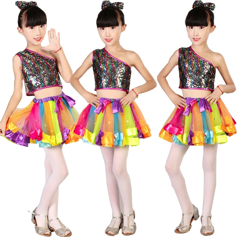 Девушки Дети блестками современного танца джаз танец одежда топ и юбка костюмы в