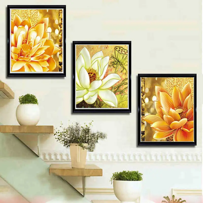 Полная Алмазная Вышивка Цветы diy картина Триптих Лотос 3d квадратная дрель