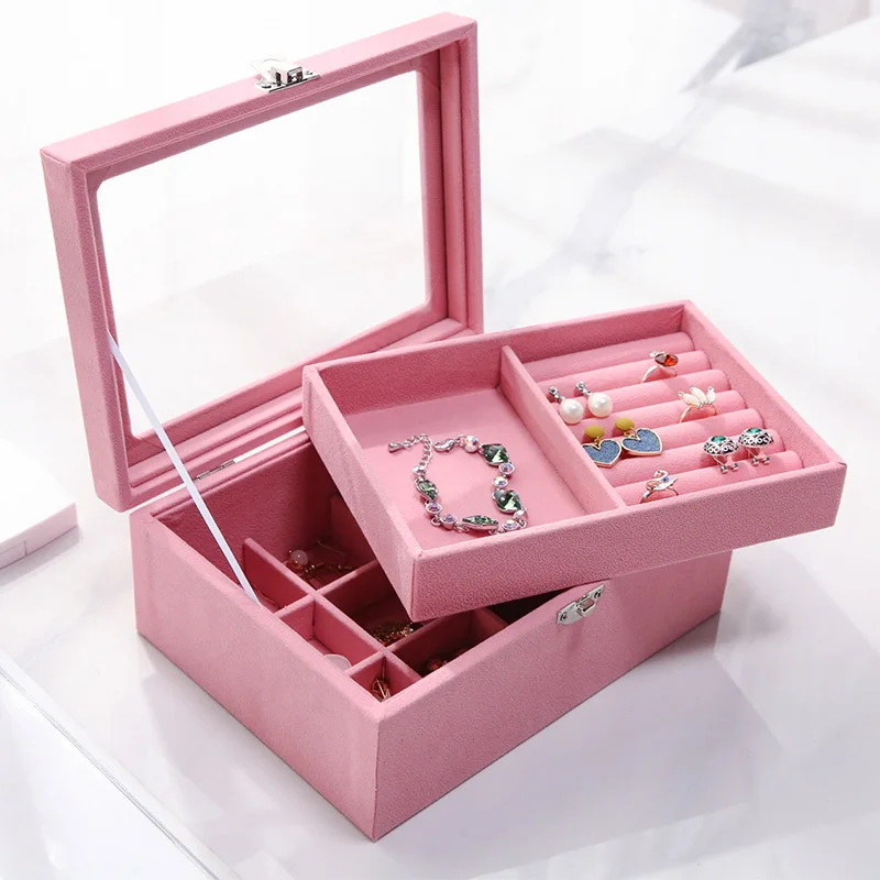 Z1522 small pink M Новые поступления 2 слоя серый бархат лоток для хранения ювелирных изделий коробка большое кольцо ожерелье ювелирные изделия Дисплей Ящики для хранения Z1511 - Цвет: Z1522 small pink