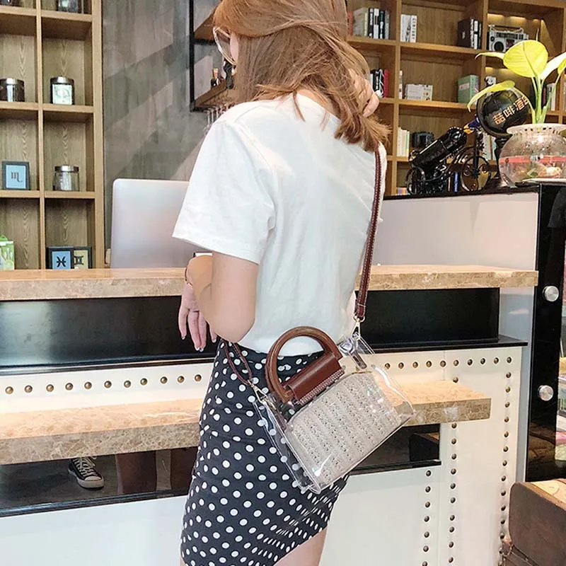 

2019 new transparent double-layer Messenger bag summer straw women's fashion handbag ws86