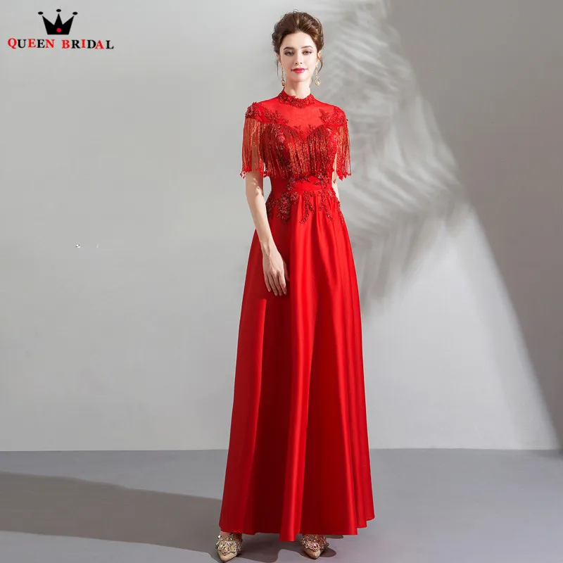 A-line High Neck Lace Beading Crystal Elegant Formal Red Evening Dresses 2018 New Arrival Gown Robe De Soiree JU59 | Свадьбы и