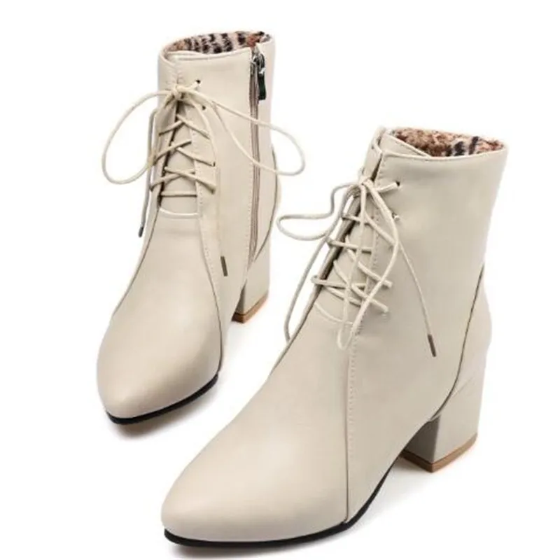 Women Boots Autumn and winter New style Low-heel Sharp head Anterior lace Short boots Keep warm women boots size 34-45