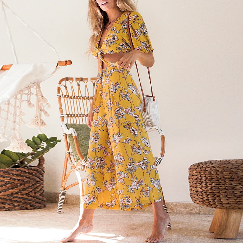 Женский комбинезон mэлегантные с бантиком и широкими ножками пляжный цветочным