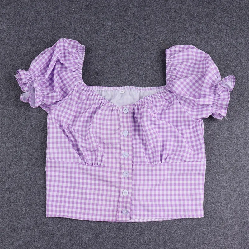 Французский Ретро плед футболки для женщин High Street с пышными рукавами однобортный