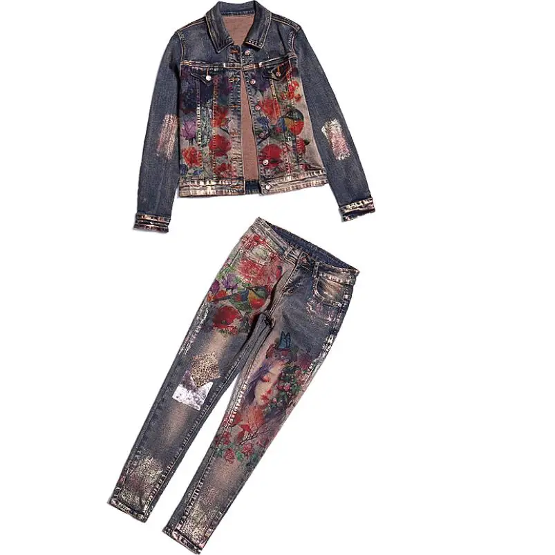 Печать джинсовый костюм женский новый с длинными рукавами джинсовая куртка