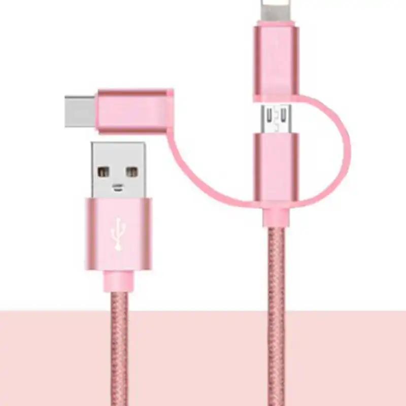 1 м 3 в 1 нейлоновый быстрой зарядки USB кабель для передачи данных для iPhone samsung просо LG планшет Android, телефон USB кабель для зарядки - Цвет: Rose Gold