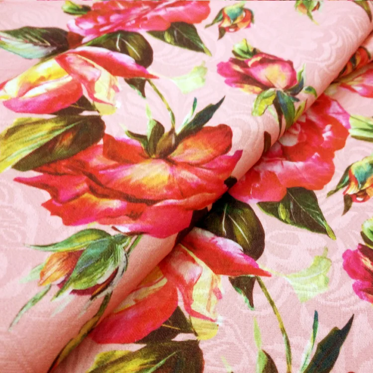 

Pink rose flowers Jacquard printed fabric European and American brands with the same paragraph custom clothing polyester fabrics