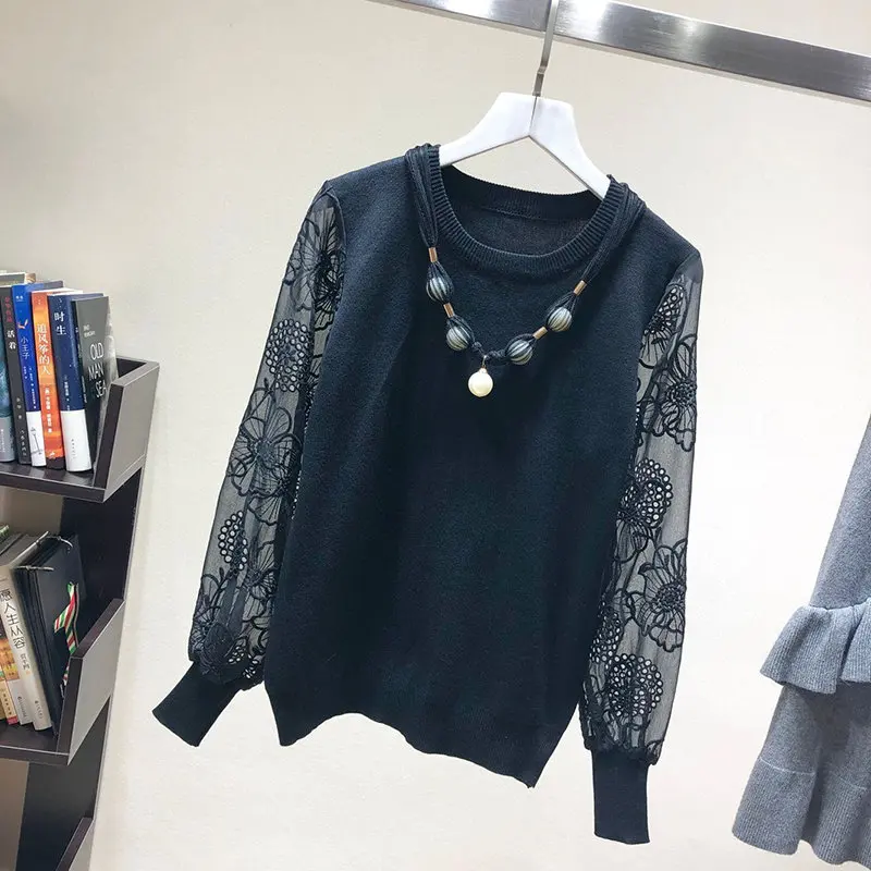 LUOSHA Women Autumn Winter Knitted Embroidery Flower Lace Patchwork Pullovers And Sweater Female Jumper Pull Femme Top | Женская одежда