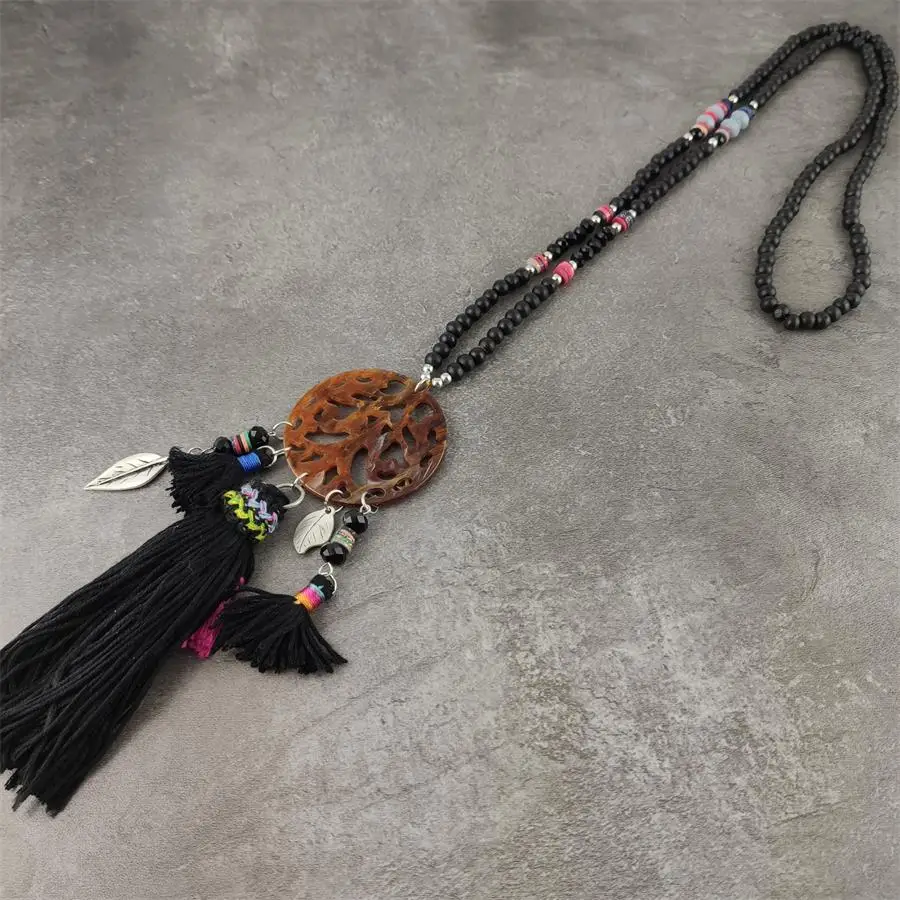 Женское длинное акриловое ожерелье Boho этническое черное богемное с кулоном