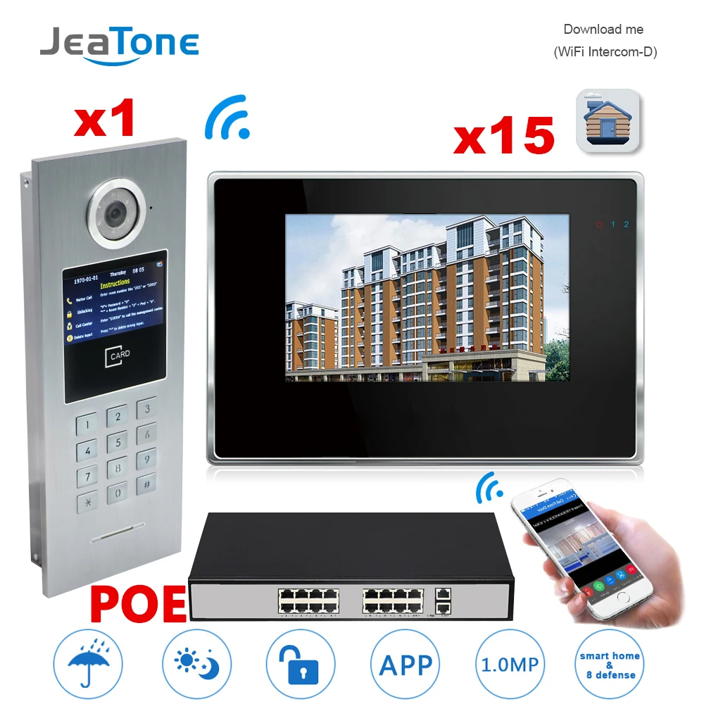 7 ''сенсорный экран wifi IP видео домофон+ POE переключатель 15 этажей система контроля доступа для здания Поддержка Пароль/IC карта