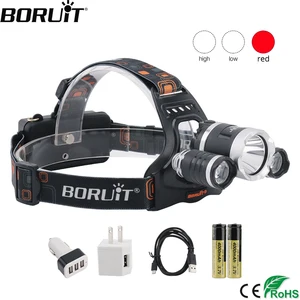 BORUiT RJ3000 красный светильник T6 XPE светодиодный Мощный налобный фонарь USB Перезаряжаемый 18650 головной светильник водонепроницаемый фонарь для охоты