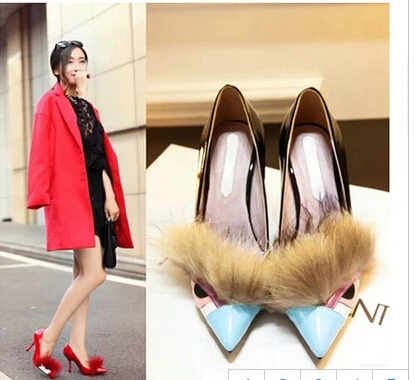 Правда шерсть обувь одного отметил Шпильках каблуки Color matching меха женские туфли |