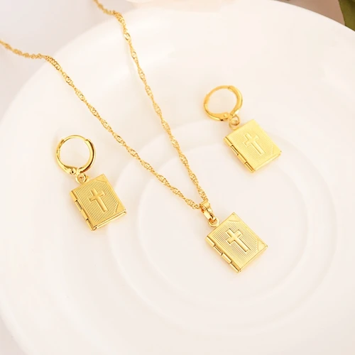 

gold photo frame cross Pendant Necklace chain Earrings sets Jewelry Gold Christian jewelry sets for women girl Best Jesus Gifts