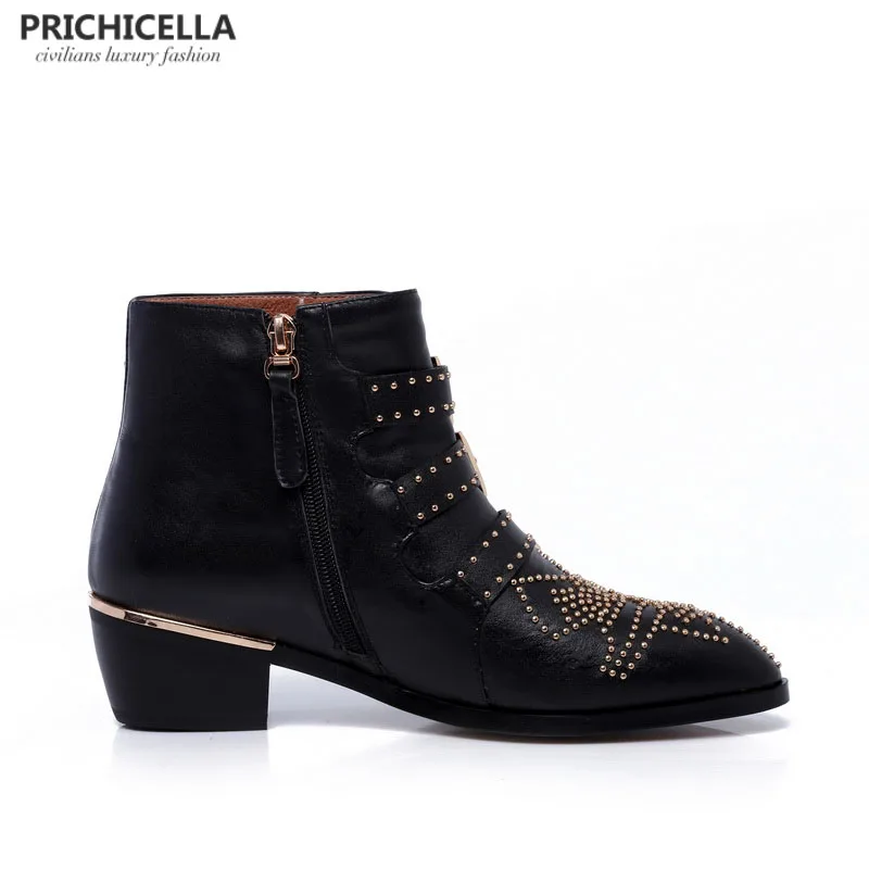 PRICHICELLA/женские ботильоны из натуральной кожи с золотистыми шипами и ремешком; ботинки-гладиаторы на низком каблуке с шипами