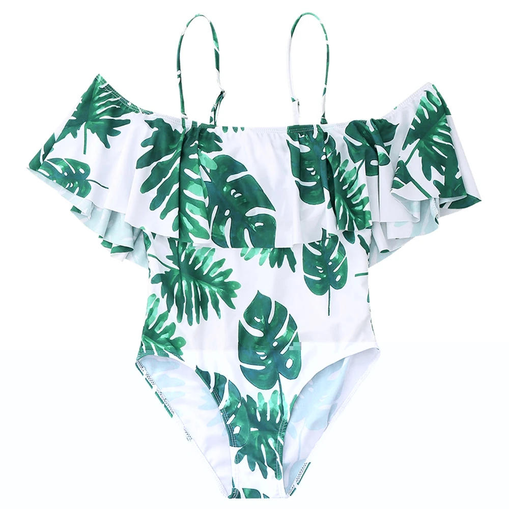 2018 женский купальник с принтом пальмовых листьев Цельный оборками боди высокой