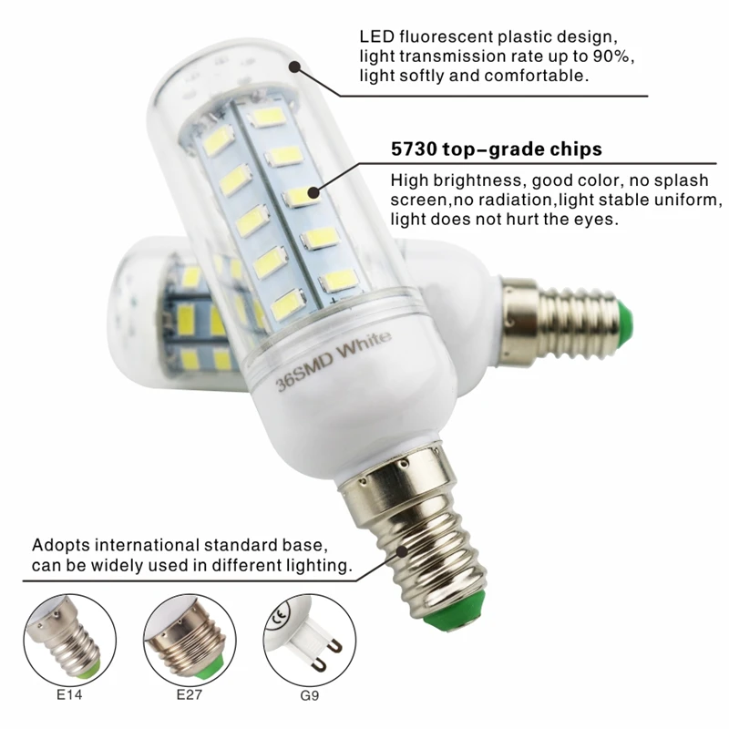 Светодиодная лампочка E27 E14 220 В SMD 5730 светодиодсветильник G9 24 36 48 56 69 72
