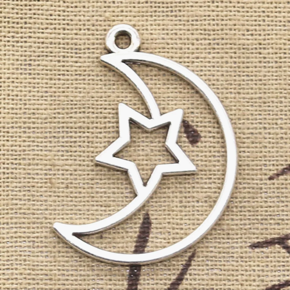 12 шт. Подвески полые Луна Звезда 36x25 мм Античные посеребренные Подвески Изготовление DIY ручной работы тибетский серебряный цвет ювелирные изделия