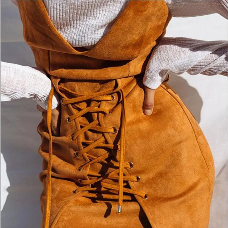 Осень 2017 новинка Замшевое платье без рукавов с v образным вырезом и шнуровкой