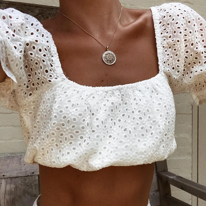 Винтаж квадратный воротник с расклешенными рукавами укороченный Топ для женщин