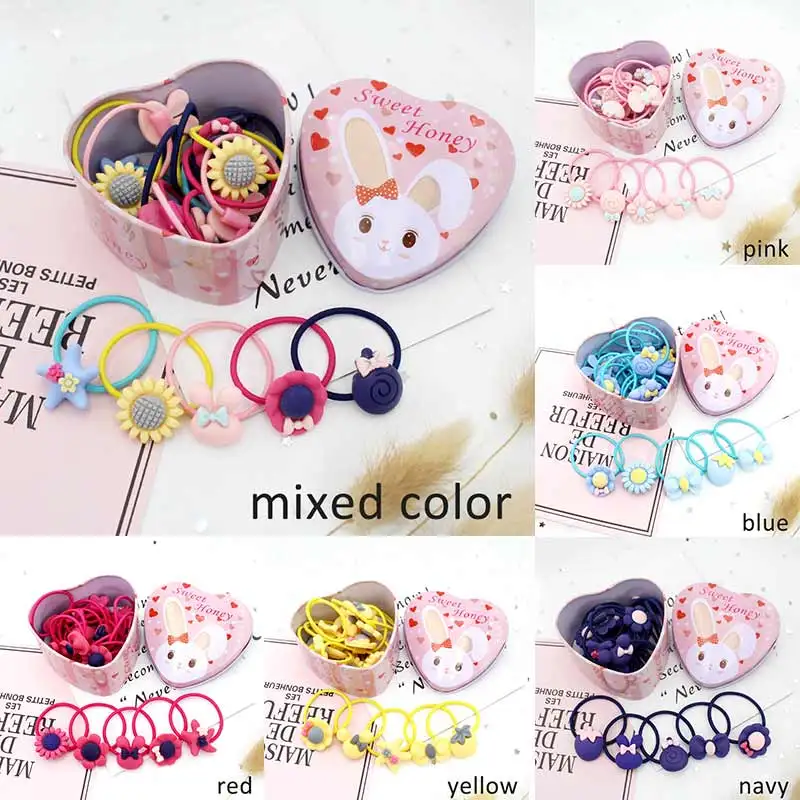 Q 20Pcs Kids Hair Bands Rubber Fashion Ring Elastic Gift Box Girls Headwear Accessories Cute Cartoon Candy Color | Аксессуары для