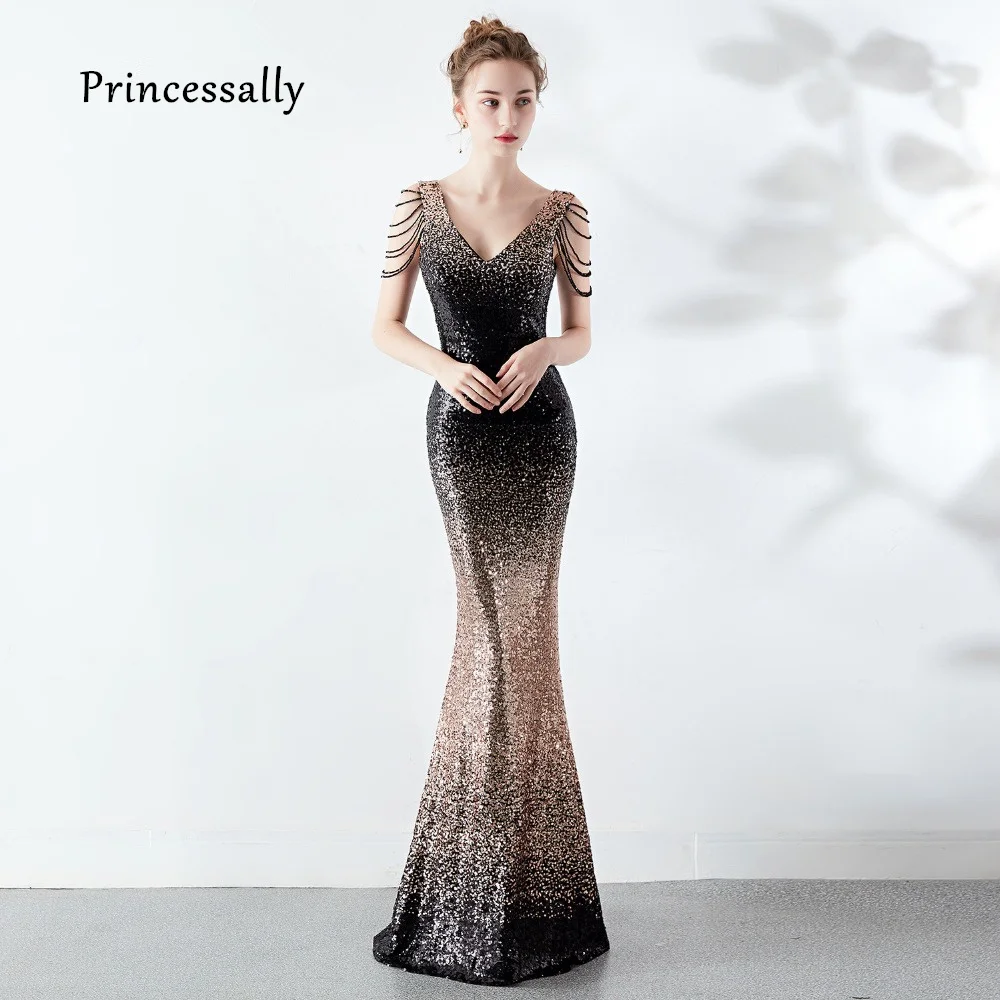 Robe De Soiree, новое вечернее платье русалки, длинное, цветное, с v-образным вырезом, украшенное бисером, с блестками, сексуальное, выпускной вечер, вечерние платья, Формальные платья
