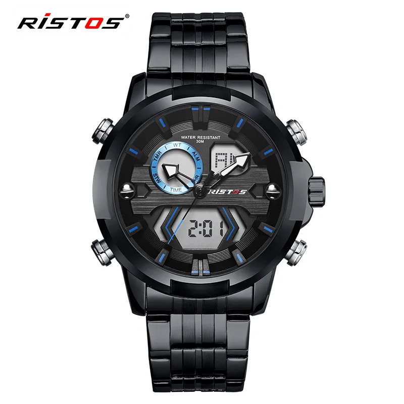 RISTOS Мужские Цифровые Аналоговые наручные часы модные часы Relojes Masculino Hombre многофункциональные мужские спортивные часы с хронографом Новинка 9359 - Цвет: Black Blue