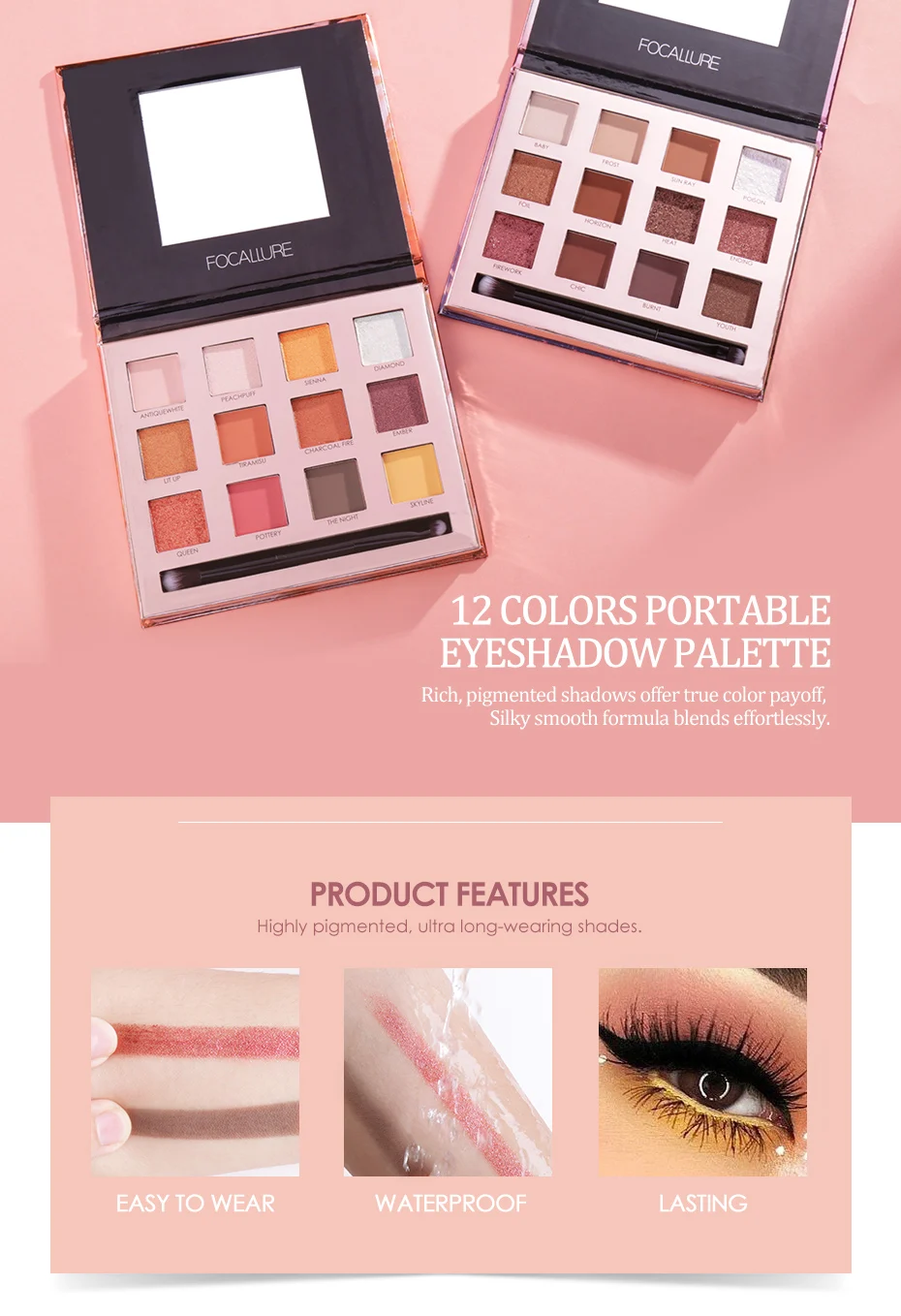 FOCALLURE 12Colors Eyeshadow Palette Glitter Shades High Pigment Eye Makeup Nude Eye Shadow Palette