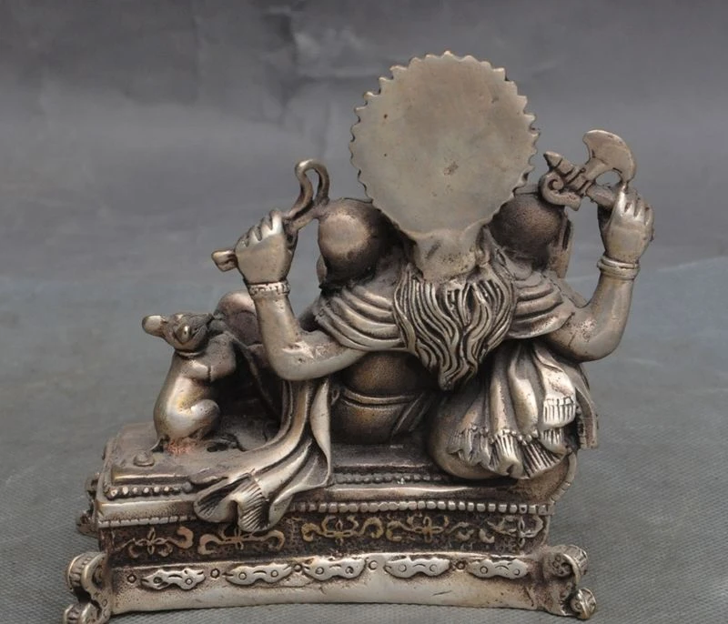 Старый тибетский буддийский храм серебро 4 руки слон джамбала маммон Бог Будда