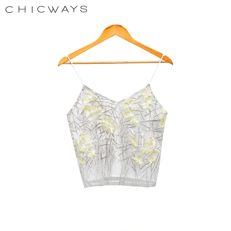 CHICWAYS Fashion heavy Lace Embroidered Flower Tops Women Strap Mesh Camis Bauhinia Beach V-neck Short Vest Loose Tank Top | Женская