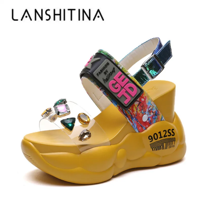 Platform Sandals Women 2020 Summer Rhinestone High Heel Sandals 11CM Wedge Heels Beach Sneakers Crystal Thick Bottom Sillpers