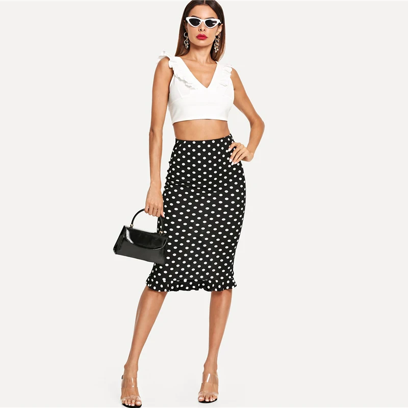 Dotfashion черно-белая женская юбка в горошек с разрезом сзади и рюшами на подоле, осень, повседневная Облегающая Юбка До Колена с высокой талией
