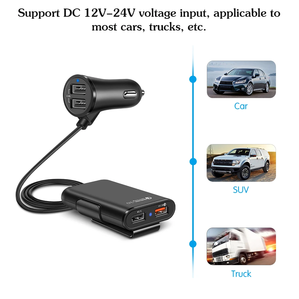 QC3.0 автомобильное зарядное устройство с четырьмя USB портами футов Удлинительный