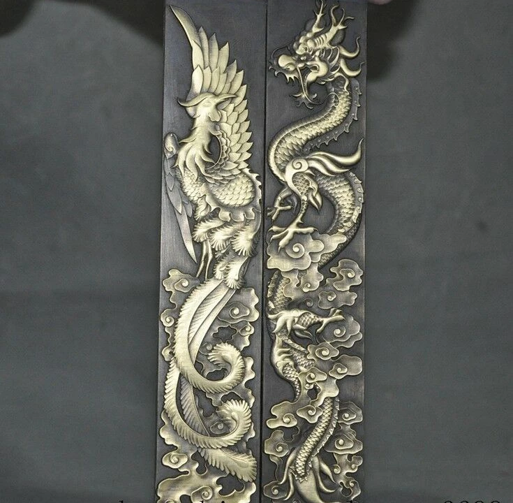 Отмеченная старинная китайская бронза Дракон Феникс инструмент для каллиграфии