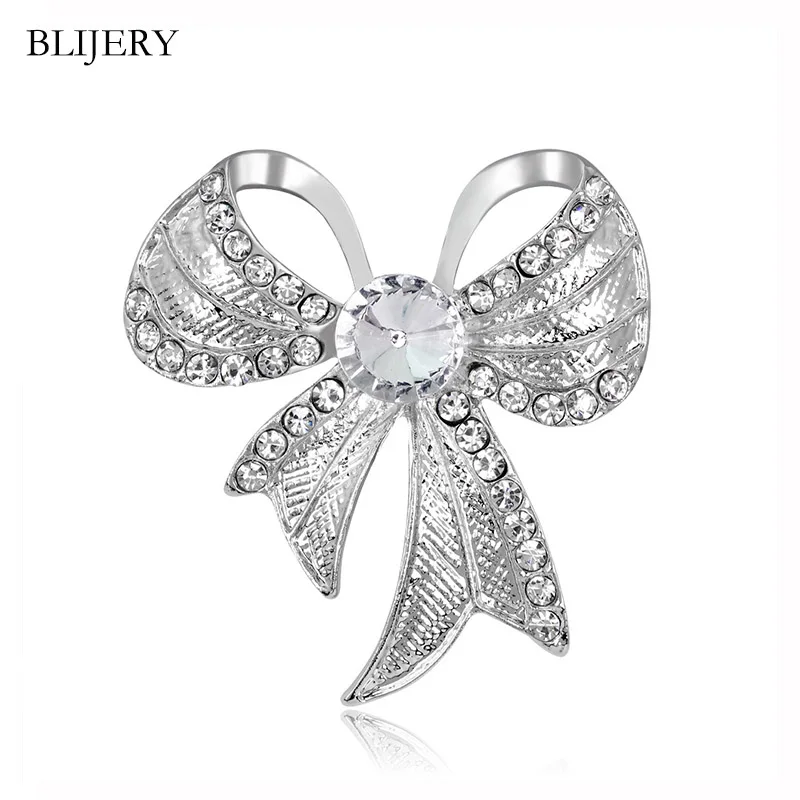 BLIJERY Милые Броши со стразами и бантом для женщин Детская мода серебряный цвет