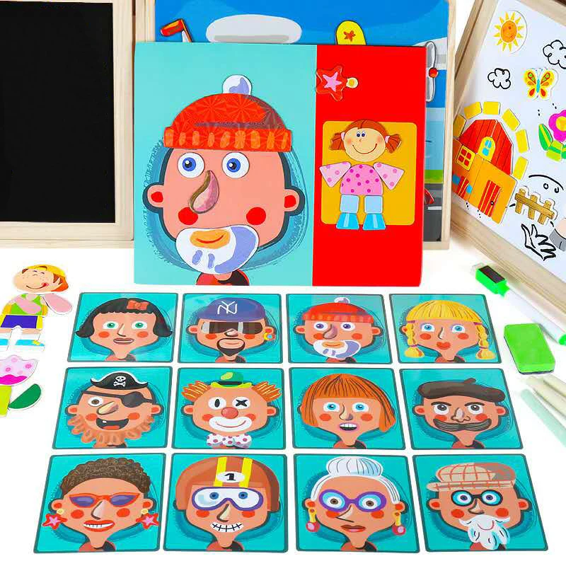 Educational Wooden Magnetic Toys Children 3D Puzzle Figure /Animals/Vehicle Drawing Board Learning Wood Toys For Kids Toys Gifts