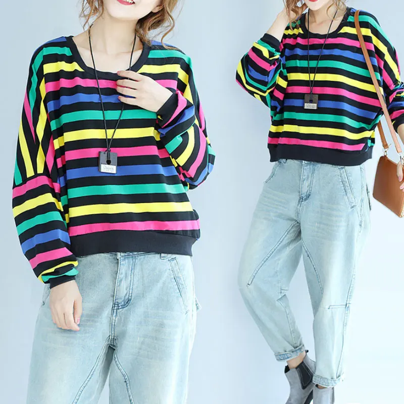 Осенью новый личности в радужную полоску кофты Batwing Длинные рукава свободные