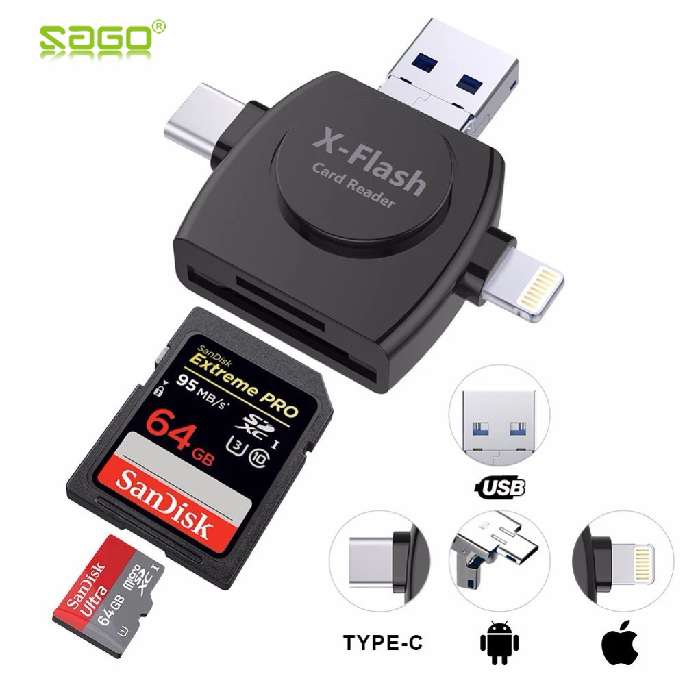 Sago 4 в 1 Type c/Lightning/Micro USB/кард ридер Micro SD кард для iPhone/iPad/Android/Mac/PC с функцией OTG|card reader