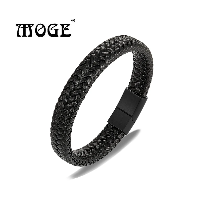 MOGE мужские браслеты из нержавеющей стали черной и коричневой кожи браслет на