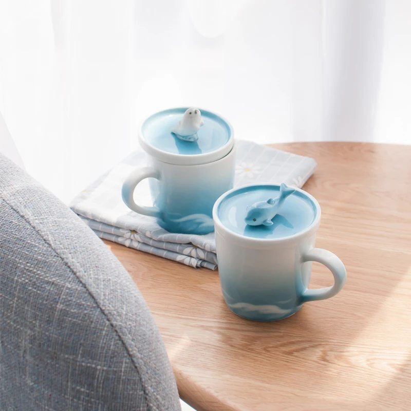 Креативная керамическая чашка с морскими китами ручной работы для кофе голубым