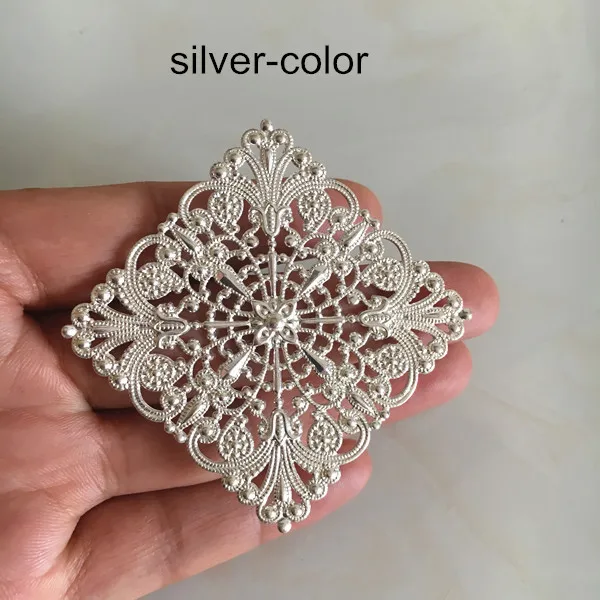 Silver-color 10 шт.-46 мм Цветочные филигранные ромбовидные соединители, толстые латунные квадратные филигранные цветы, серебристый цвет, стальной цвет, бронза - Цвет: Silver-color