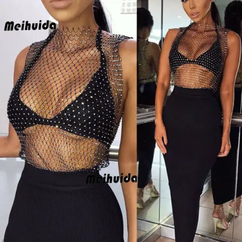 Новые женские пикантные сетчатые топы без рукавов Прозрачные коктейльные со