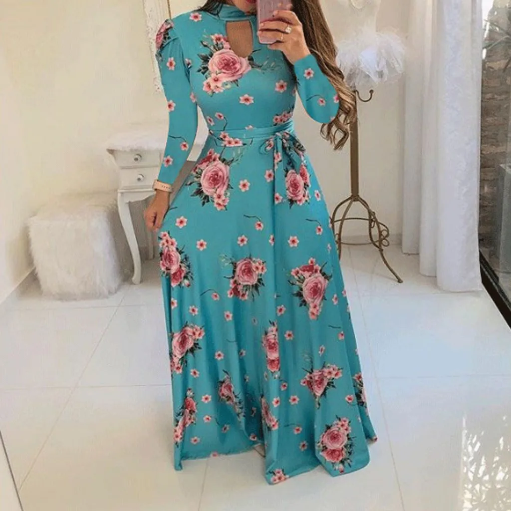 S-5XL размера плюс длинное платье Для женщин Цветочный принт вечерние платье и развевающейся юбкой Bodycon Платье Осень Наряды Бохо 11 видов стилей