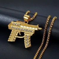 micro paved aaa cz stone iced out bling submachine gun pendant necklace gold 316l stainless steel men hip hop rapper jewelry