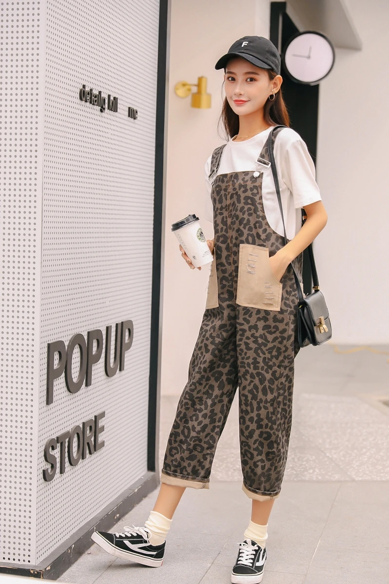 Модные женские леопардовые джинсовые комбинезоны 2019 Осень Зима Новое