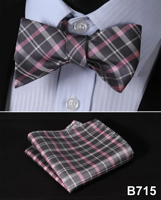B715 Pink Gray Клетчатый Ftoral Shtipe100% шёлковый жаккардовый тканый мужской галстук-бабочка, Свадебный галстук-бабочка карман квадратный носовой платок галстук-бабочка набор костюм с платком B7 - Цвет: B715 Pink Gray