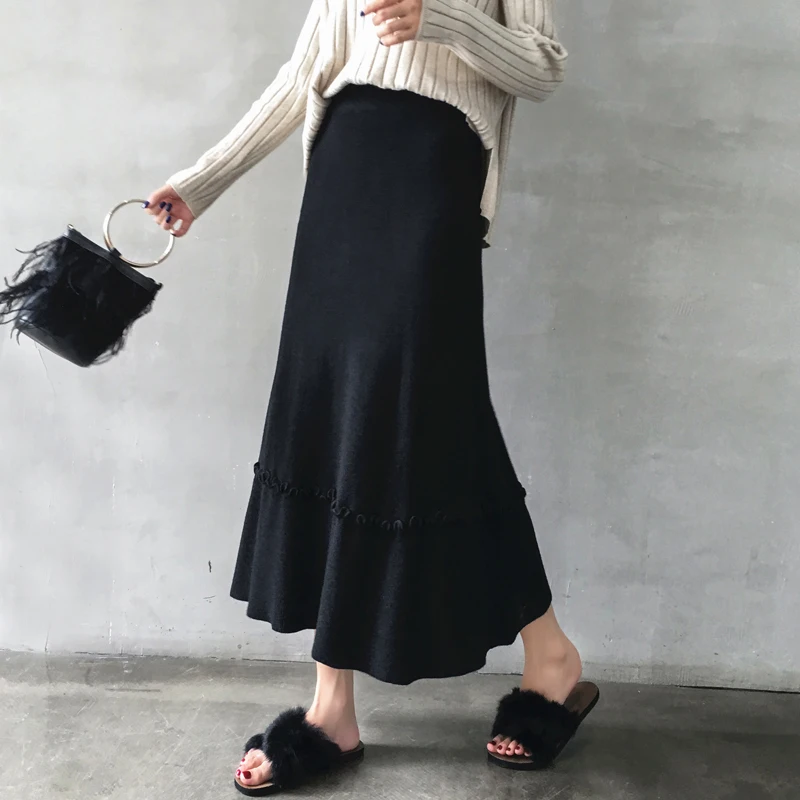 Осень Зима 2019 для женщин новый мягкий вязаный до середины икры рюшами панелями