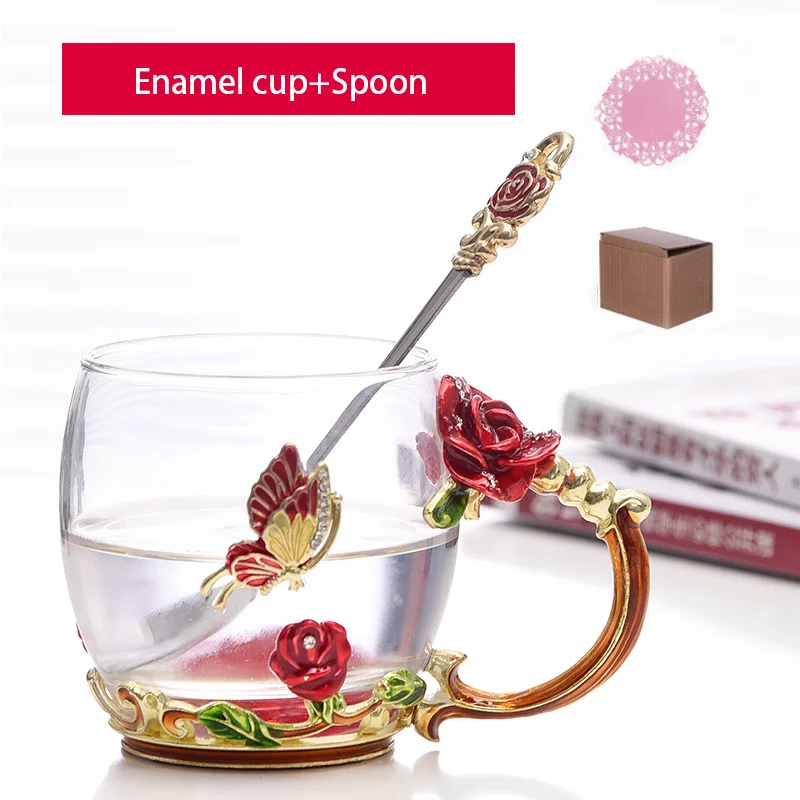 Red cup X Spoon1 Новинка, эмалированная кофейная чашка, кружка, цветочный чай, чашки для горячих и холодных напитков, стеклянная чайная чашка, Ароматизированная чайная Питьевая бутылка, стеклянные подарки - Цвет: Red cup X Spoon1