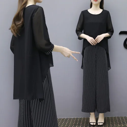 S-3xl Летние шифоновые комплекты из 2 предметов, женские Асимметричные Блузы больших размеров и широкие брюки, Элегантные корейские комплекты