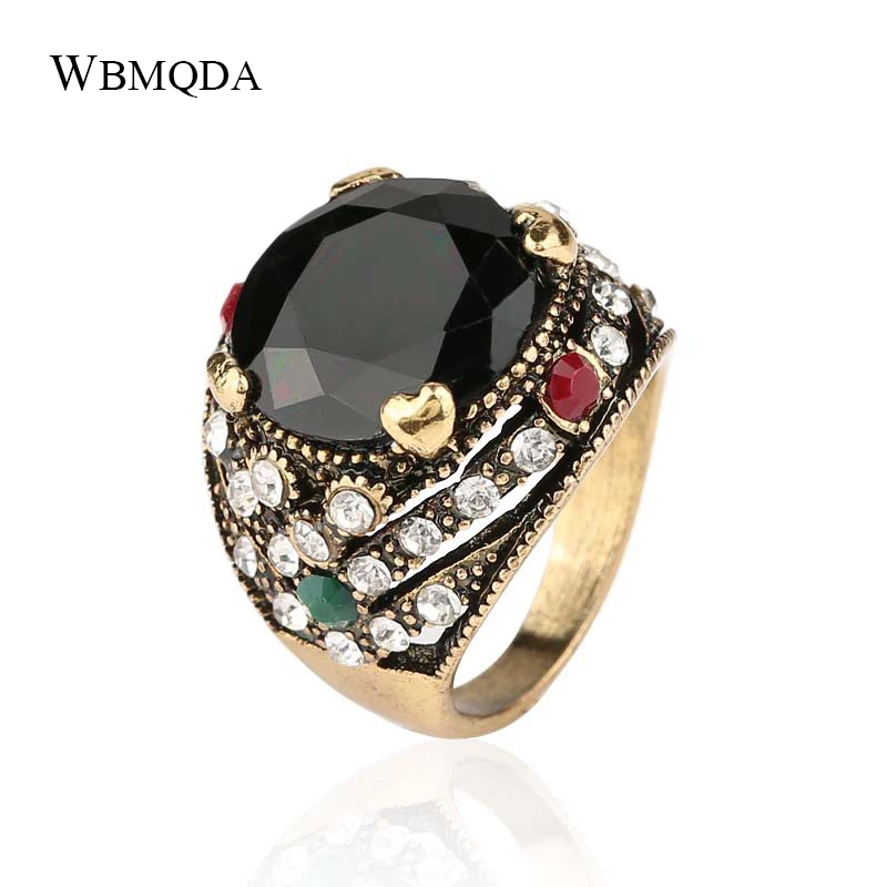 Женское античное Золотое кольцо бохо готическое с черным кристаллом винтажное