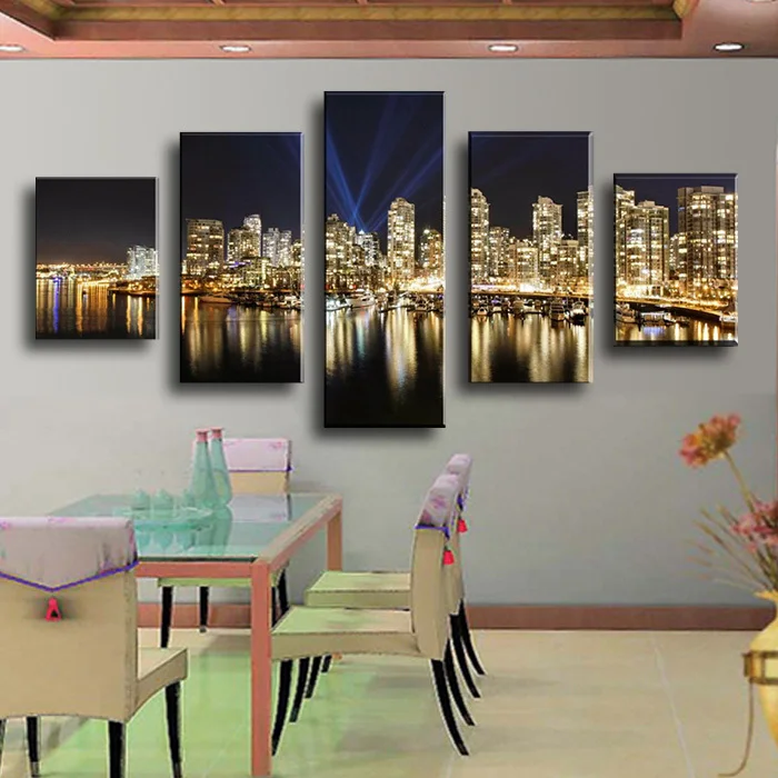 2017 красивый Городской Ночной пейзаж Современная Картина на холсте 5 шт. настенное